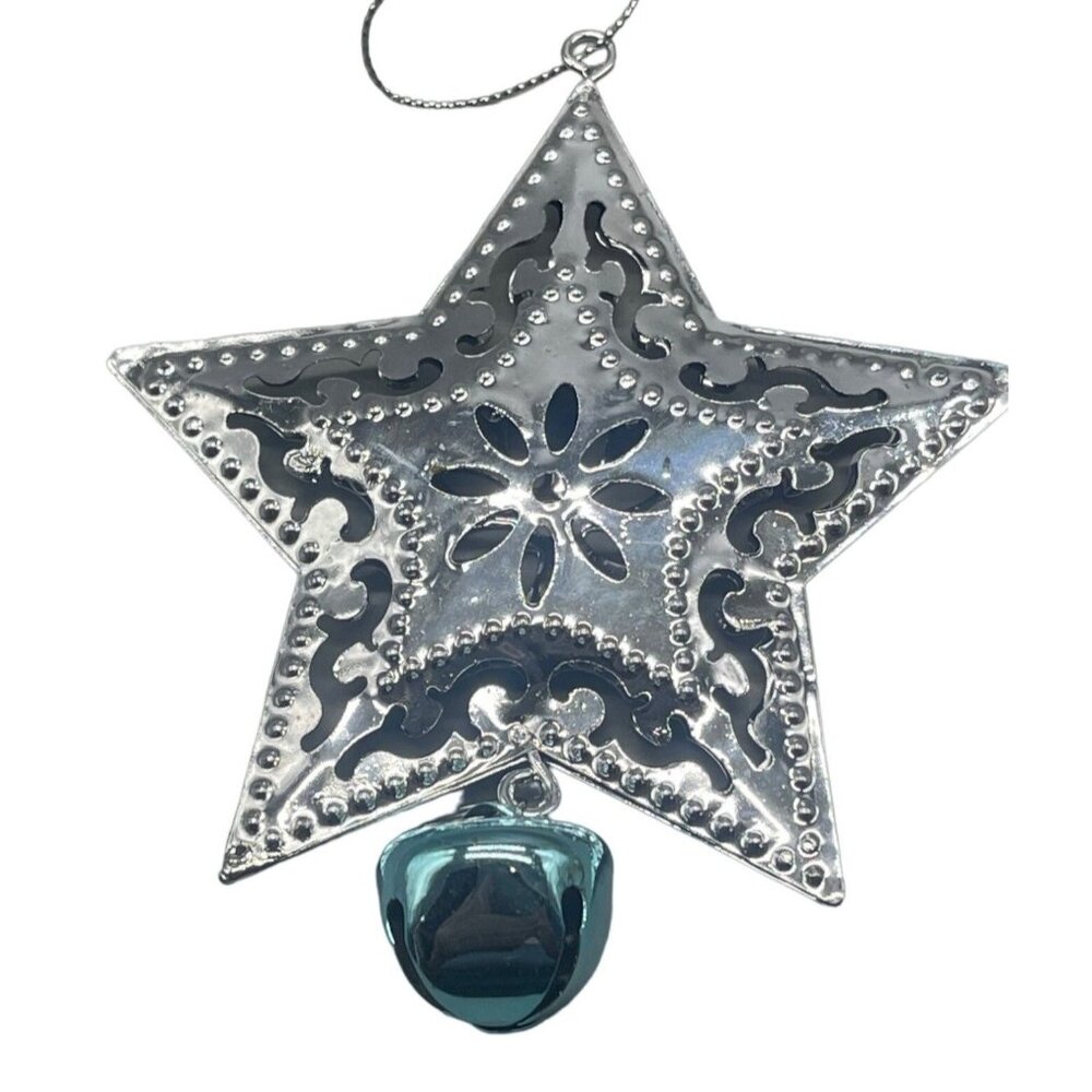 Christmas star ornament bell silver bell floral 3d embossed 4x5" string READ
